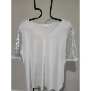 Belle Kim Gravel 3X White Tripleluxe Knit Shine Puff Sleeve Top A679773 NWOT